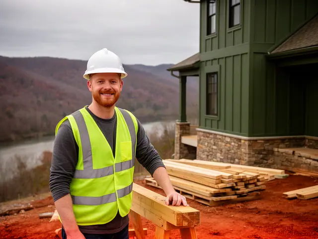 A builder in a hard hat and safety vest on a home construction site.