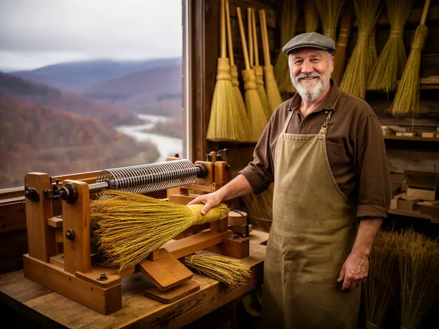A broom maker beside his new wooden broom-winding bench with a freshly wound broom.
