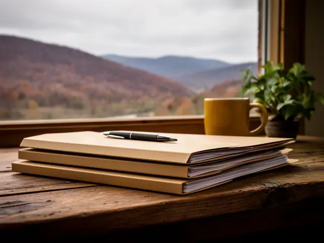 A neat stack of closed manila folders and a pen on a desk by a window.