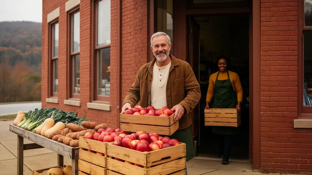 A corner-market owner stacking crates of apples on a sidewalk stand as a clerk carries out another.