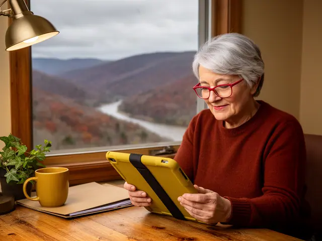 A woman with short silver hair and red-framed glasses reviewing a tablet at a desk in a small back office.
