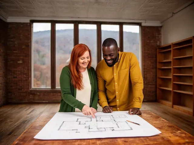 Two business partners looking over a pencil floor sketch in an empty storefront.