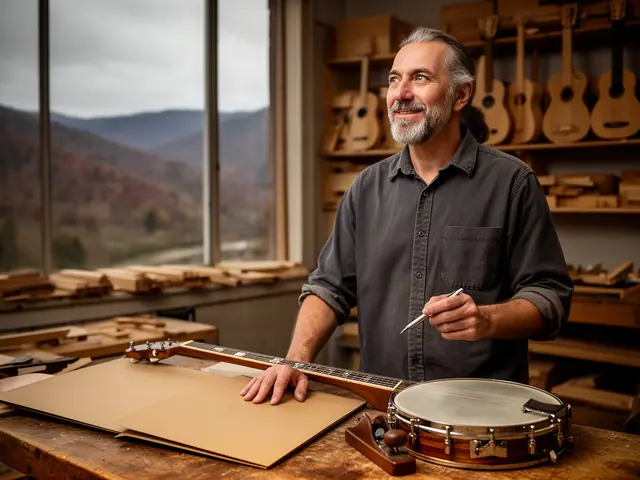 An instrument maker at his workbench with a banjo, dulcimers hanging behind him.